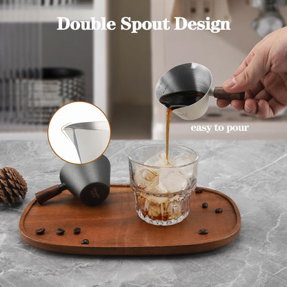 Mongdio Espresso Measuring Cup, Stainless Steel Espresso Shot Cups with Wooden Handle and Double Spouts, 6.8OZ/200ML, White