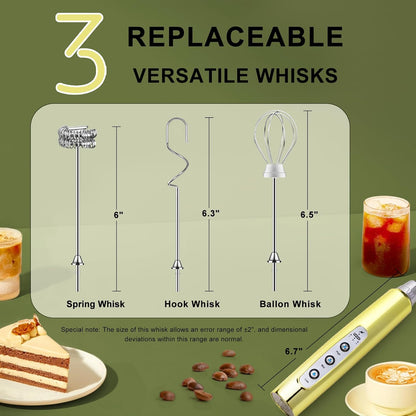 YUSWKO Black Handheld Milk Frother Wand for Coffee, Rechargeable Electric Whisk with 3 Heads 3 Speeds Drink Mixer Coffee Frother For Latte, Cappuccino, Hot Chocolate, Egg