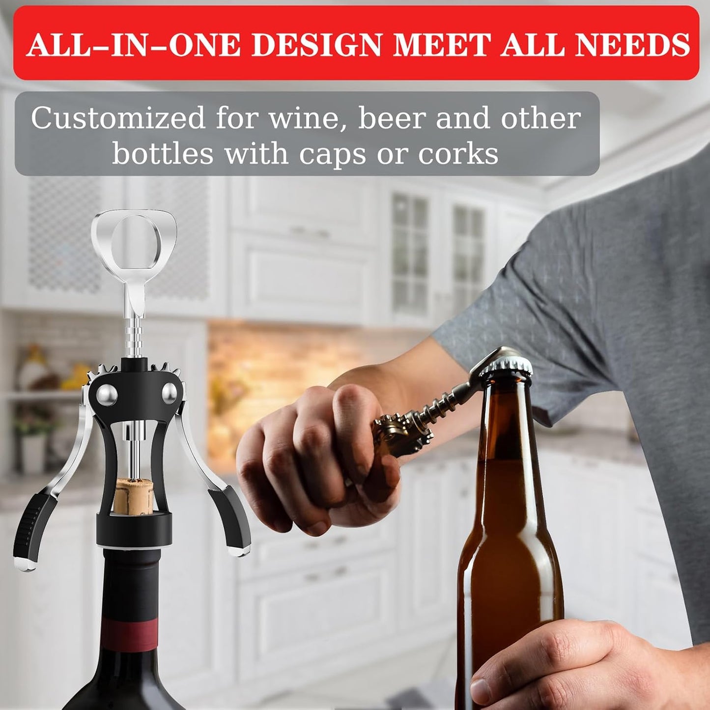 KORCCI Wine Opener, Heavy-Duty Zinc Alloy Wing Corkscrew, Premium Beer Bottle Opener, Multifunctional Wine Accessories with Ergonomic Handle and Sharp Screw, for Kitchen, Bar, Restaurant (SILVER)