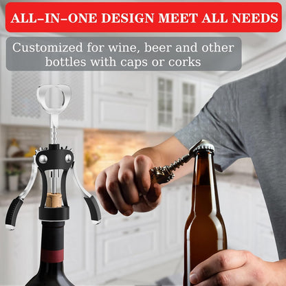 KORCCI Wine Opener, Heavy-Duty Zinc Alloy Wing Corkscrew, Premium Beer Bottle Opener, Multifunctional Wine Accessories with Ergonomic Handle and Sharp Screw, for Kitchen, Bar, Restaurant (SILVER)