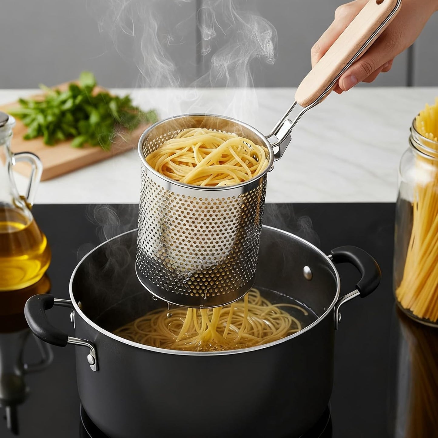 4pcs Pasta Strainer 15'' × 5.5'' Stainless Steel Pasta Basket Mesh Cooker with Wood Handle Kitchen Mesh Spider Noodle Strainer Skimmer for Boiling Food Dumpling Noodle Blanching Basket