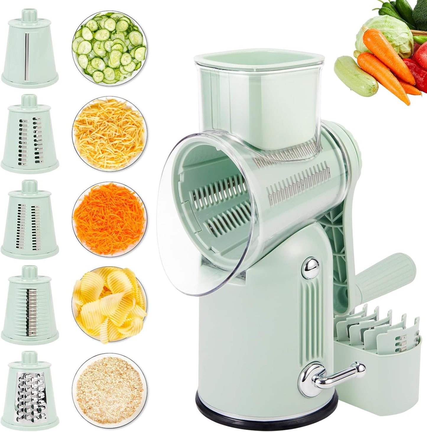 Rotary Cheese Grater with Handle: 5-in-1 Cheese Grater Hand Crank, Strong Suction Base for Fruit Vegetables Nuts with Blade Storage Box(Purple)