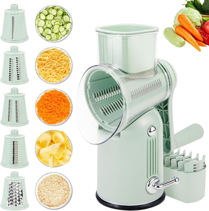Rotary Cheese Grater with Handle: 5-in-1 Cheese Grater Hand Crank, Strong Suction Base for Fruit Vegetables Nuts with Blade Storage Box(Purple)