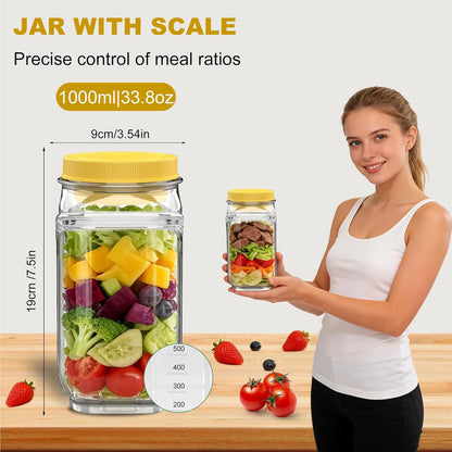 FNHMSL Side-Opening Mason Salad Jar, Portable (35 oZ) 1000ml Salad Container with Leakproof Dressing Cup, Includes Spoon and Cleaning Brush, Perfect for Meal Prep, Gym, Office, Picnic and Travel