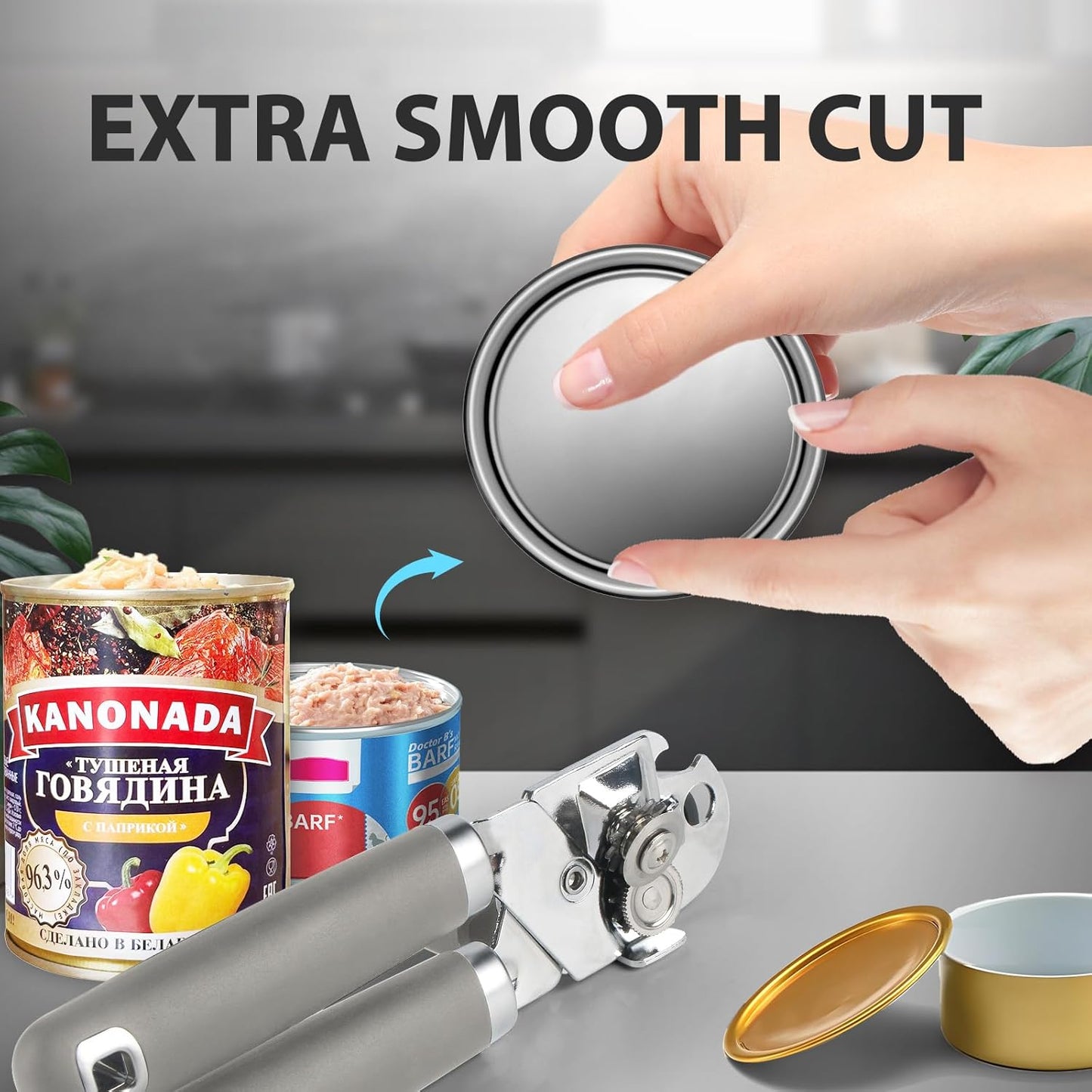 Safring Can Opener Manual, Heavy Duty Handheld Strong Can Opener with Soft Touch Handle, Sharp Blade Smooth Edge, Can Openers with Multifunctional Bottle Opener, Black