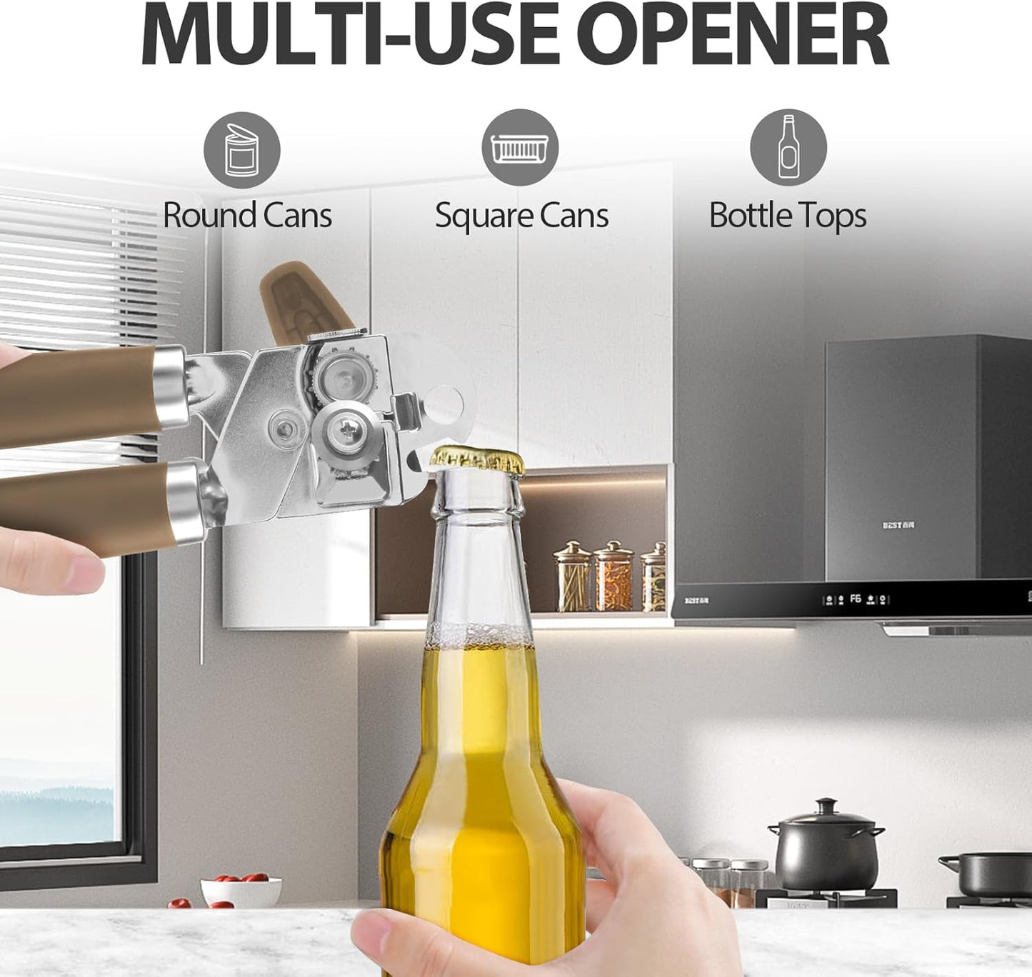 Safring Can Opener Manual, Heavy Duty Handheld Strong Can Opener with Soft Touch Handle, Sharp Blade Smooth Edge, Can Openers with Multifunctional Bottle Opener, Black