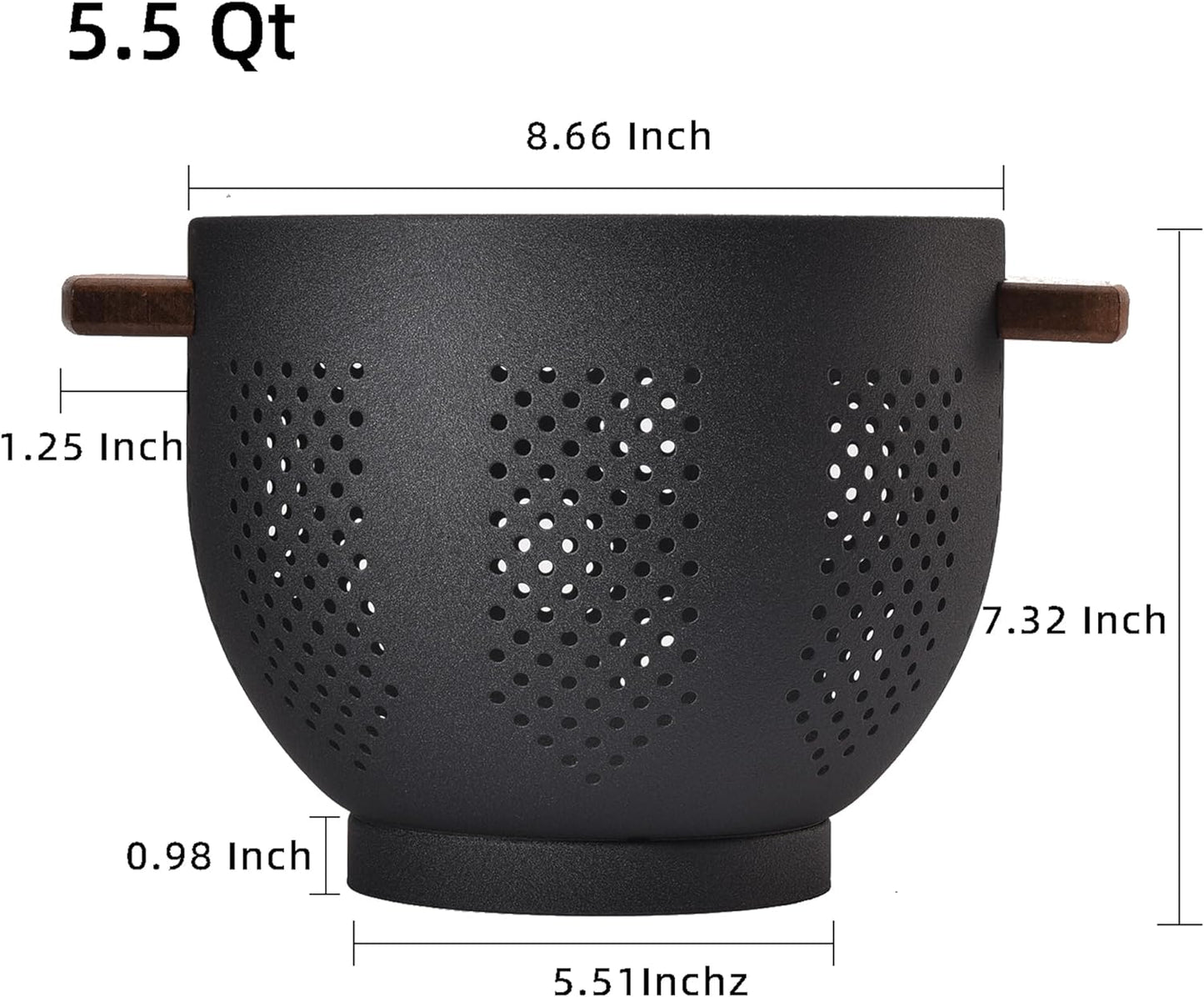 Metal Colander with Wood Handle and Stable Base, 5.5 Quart Powder Coated Steel Kitchen Strainer Basket for Draining Pasta, Vegetable and fruit,Cream