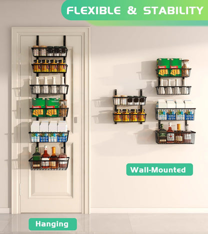 Mefirt White 9-Tier Over The Door Pantry Organizer, Pantry Organization and Storage, Deep Baskets Hanging Heavy-Duty Metal, Wall Spice Rack Seasoning Shelves for Home & Kitchen, Laundry Room Bathroom