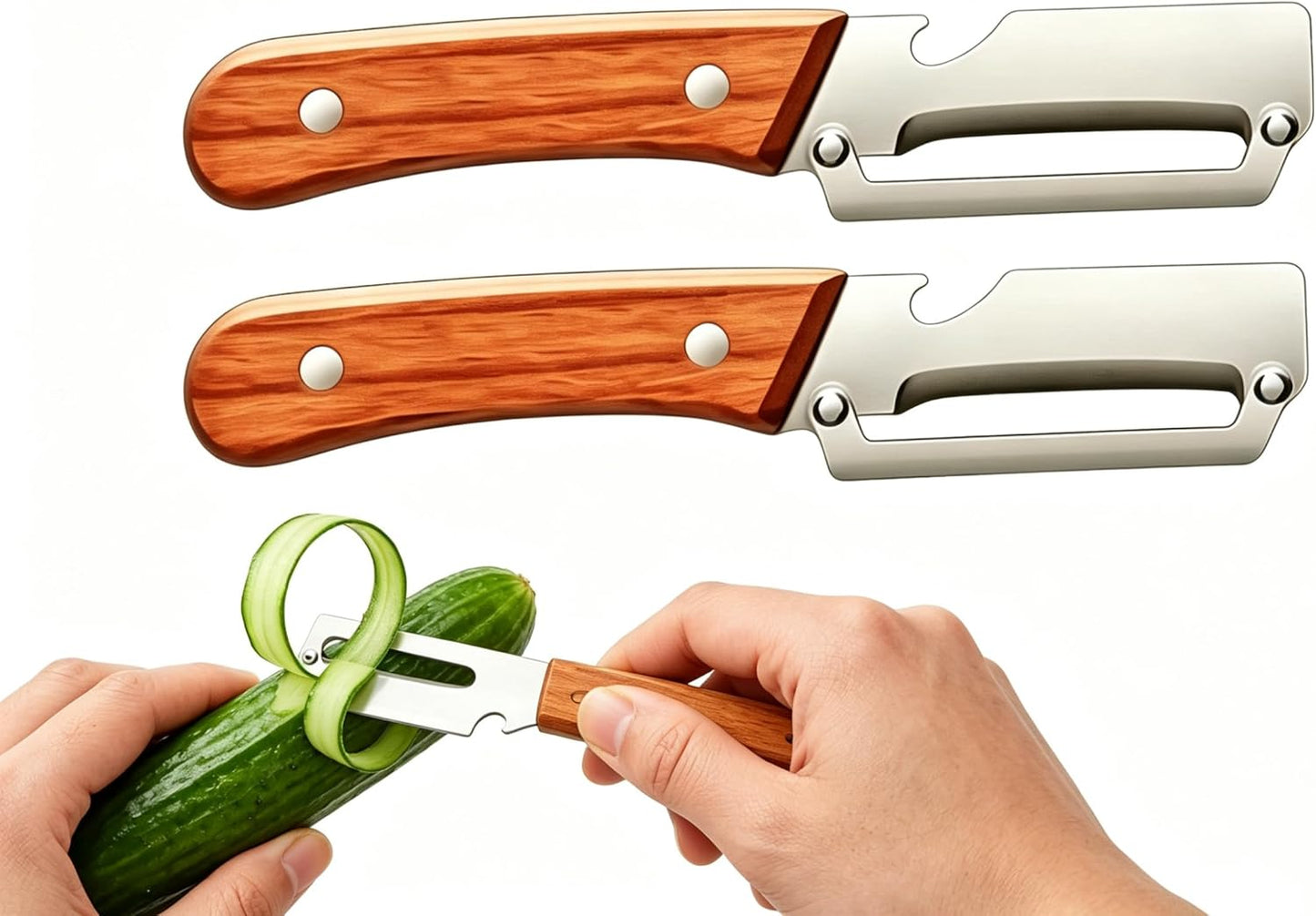 2026 Upgrade 3-in-1 Veg Peeler, Wood Handle Thick Stainless Steel Wide Blade, Scallion Shredder & Bottle Opener, Ultra-Sharp Multi Peeler for Potato Carrot Kitchen Camping Travel (1pcs+1ps)