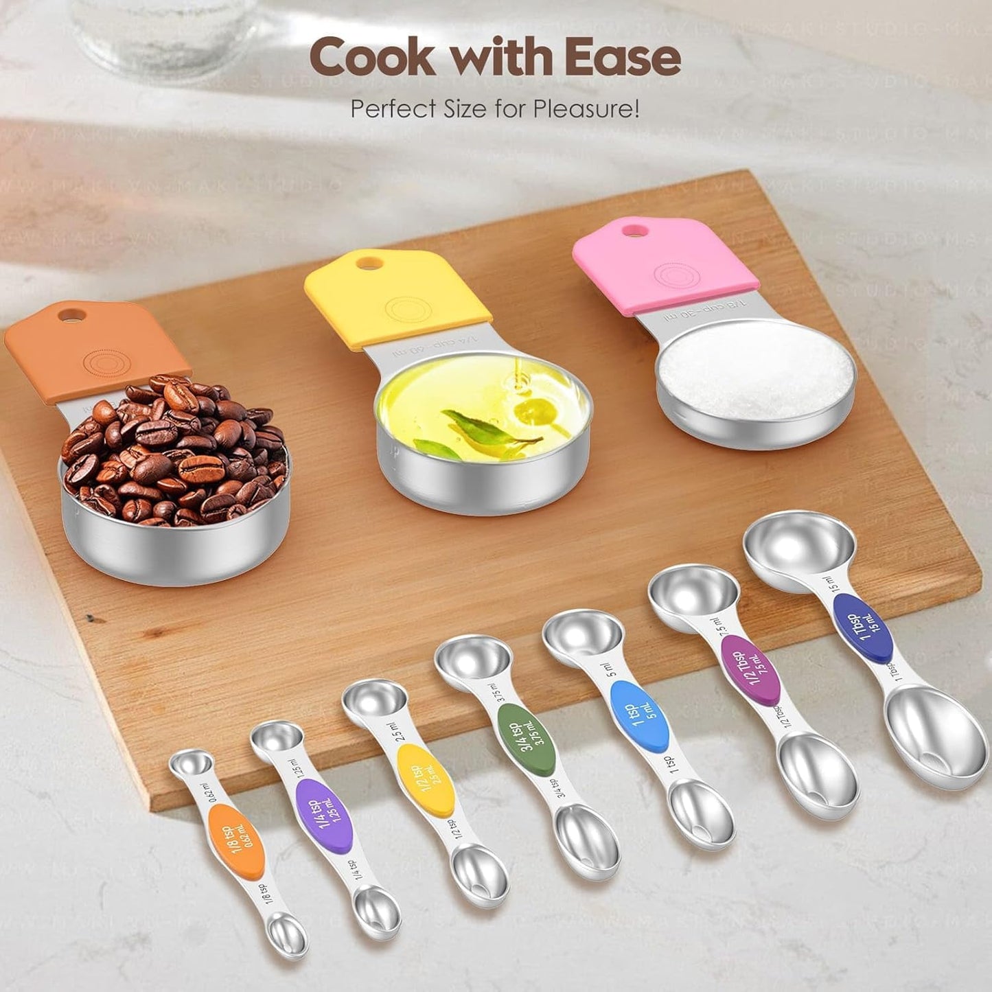Magnetic Measuring Cups and Spoons Set, N52 Magnetic Nesting Design magnetic spoons, 304 Stainless Steel measuring cups, Dual-sided Design Set of 15 with Leveler for Dry & Liquid Ingredients Black