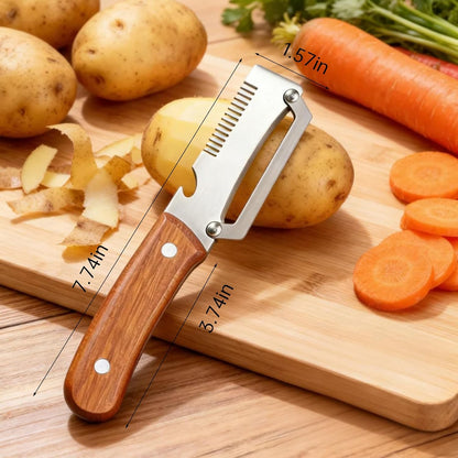 3-in-1 Multi-Function Kitchen Vegetable Peeler with Wooden Handle and Bottle Opener, Ideal for Peeling Fruits and Vegetables, Stainless Steel Blade Kitchen Tool (2 PCS)