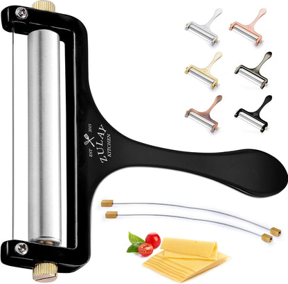 Zulay Kitchen Stainless Steel Wire Cheese Slicer - Adjustable Hand Held Cheese Cutter with 2 Extra Wires - Premium Cheese Shaver For Mozzarella, Cheddar, Gruyere - Cheese Cutter with Wire (Gunmetal)