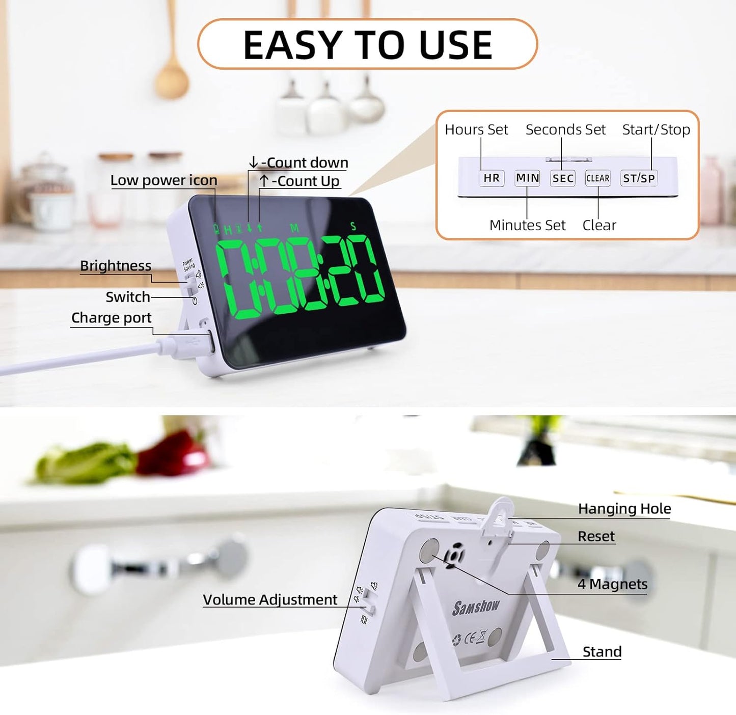 Rechargeable Digital Kitchen Timer for Cooking, Magnetic Timers with Countdown/up, Kids Timer with 5”LED Display 3 Brightness 4 Volume Adjustable for Classroom/Office/Home/Work/Study/Fitness/Game
