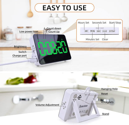 Rechargeable Digital Kitchen Timer for Cooking, Magnetic Timers with Countdown/up, Kids Timer with 5”LED Display 3 Brightness 4 Volume Adjustable for Classroom/Office/Home/Work/Study/Fitness/Game