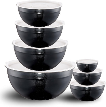 Red Mixing Bowls with Lids Set of 7, Stainless Steel Nesting Bowl with Khaki Lid for Non-slip Mixing Prepping Storing Serving, 7 Sizes-7/3.6/2.7/2.1/1.5/1/0.8 QT