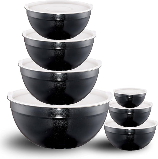 Red Mixing Bowls with Lids Set of 7, Stainless Steel Nesting Bowl with Khaki Lid for Non-slip Mixing Prepping Storing Serving, 7 Sizes-7/3.6/2.7/2.1/1.5/1/0.8 QT