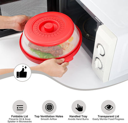 10.7 Inch Microwave Food Cover with Heat Insulation Mat, Anti-Scald Collapsible Microwave Splatter Cover, Multi-Functional as Colander & Fruit Plate, Dishwasher Safe, Ideal for Meal Prep (Gray)