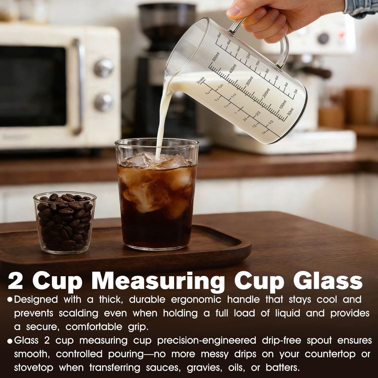 18OZ 500ML Glass Measuring Cup with Insulated Handle, 2 Cups Borosilicate Glass Measuring Cups – Easy Read Liquid Measuring Cups with V-Shaped Spout, 3 Scales (OZ,ML,Cup), for Baking Coffee Milk