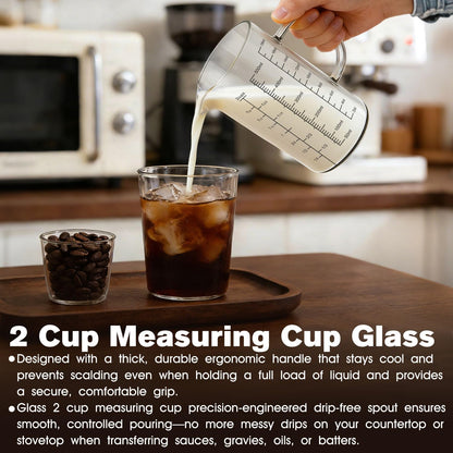 18OZ 500ML Glass Measuring Cup with Insulated Handle, 2 Cups Borosilicate Glass Measuring Cups – Easy Read Liquid Measuring Cups with V-Shaped Spout, 3 Scales (OZ,ML,Cup), for Baking Coffee Milk