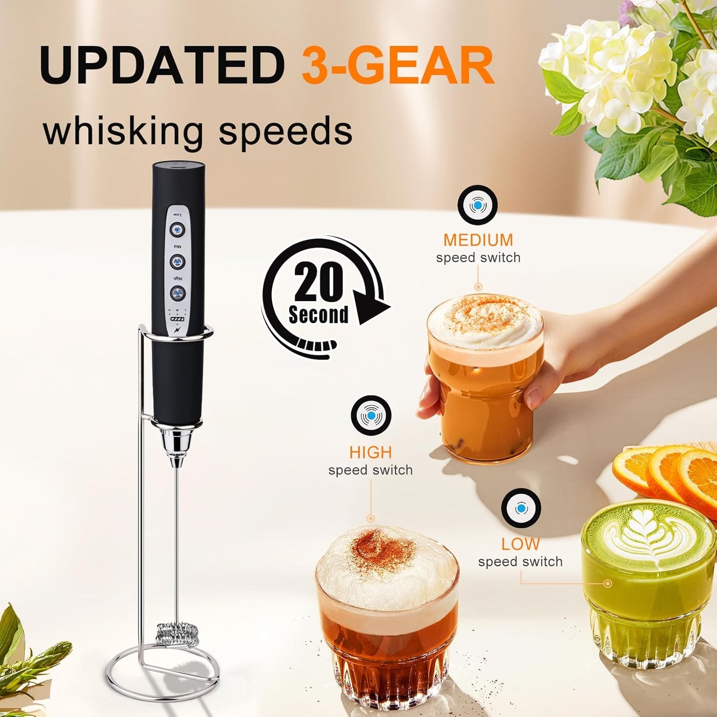 YUSWKO Black Handheld Milk Frother Wand for Coffee, Rechargeable Electric Whisk with 3 Heads 3 Speeds Drink Mixer Coffee Frother For Latte, Cappuccino, Hot Chocolate, Egg