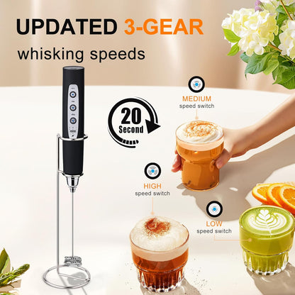 YUSWKO Black Handheld Milk Frother Wand for Coffee, Rechargeable Electric Whisk with 3 Heads 3 Speeds Drink Mixer Coffee Frother For Latte, Cappuccino, Hot Chocolate, Egg