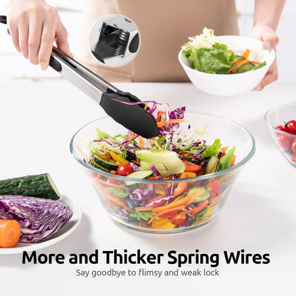 600ºF Heat Resistant Kitchen Tongs: U-Taste 9 inch Silicone Cooking Tong with Firm Sealed Non Stick Rubber Tips & Silicon Coated 18/8 Stainless Steel Handle & Smooth Locking for Serving Salad (Black)