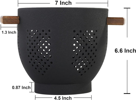 Metal Colander with Wood Handle and Stable Base, 5.5 Quart Powder Coated Steel Kitchen Strainer Basket for Draining Pasta, Vegetable and fruit,Cream