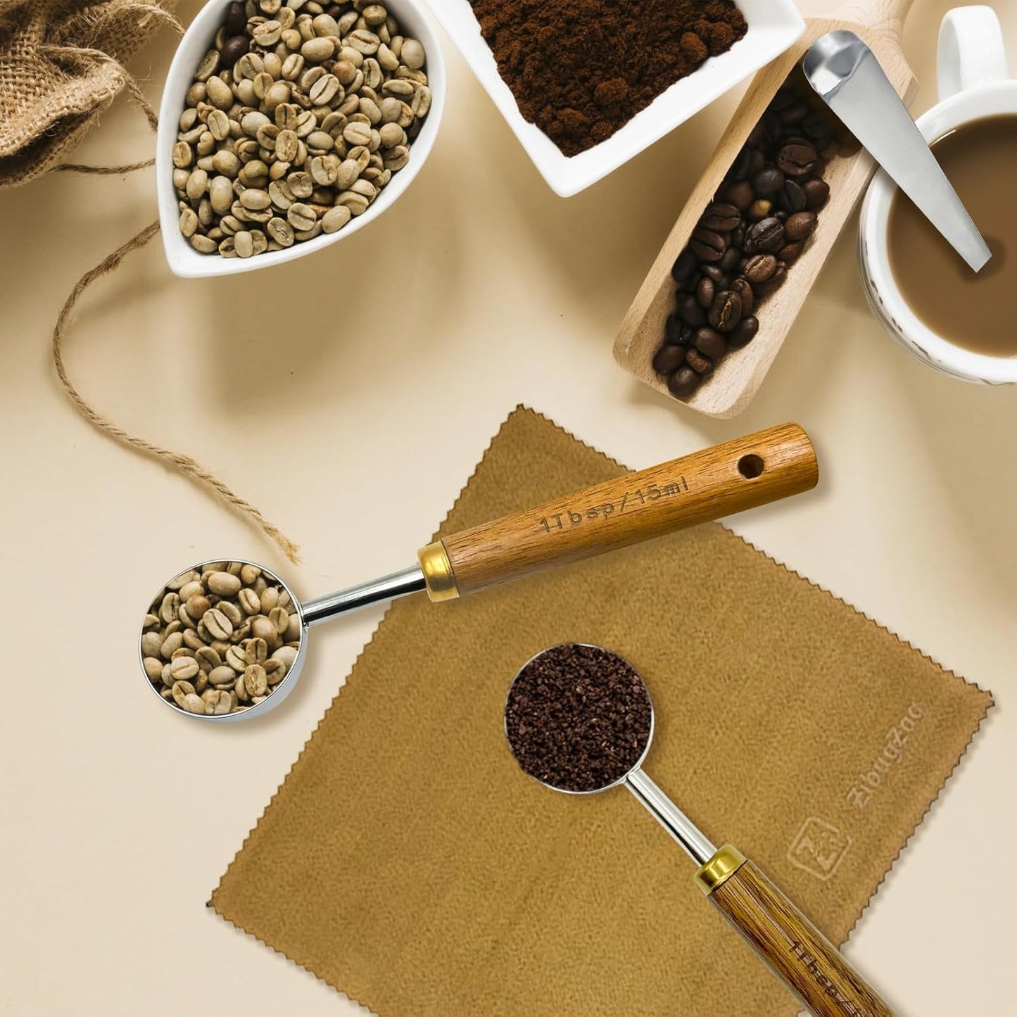 Coffee Scoop with Wooden Handle, 1 Tablespoon/ 15 ml, 304 Stainless Steel Measuring Spoon for Ground Coffee, Espresso, Tea, Protein Powder, Spices (6 Pack)