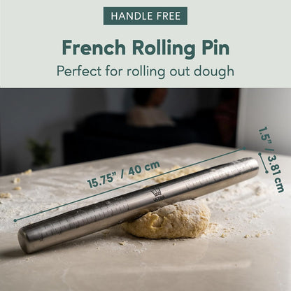 Ultra Cuisine French Rolling Pin for Baking – Use with Pizza, Cookie, and Pastry Dough, Fondant and Pie Crust – Tapered Design Bread Roller Pin, Stainless Steel 15.75-inch Large Roller Pin