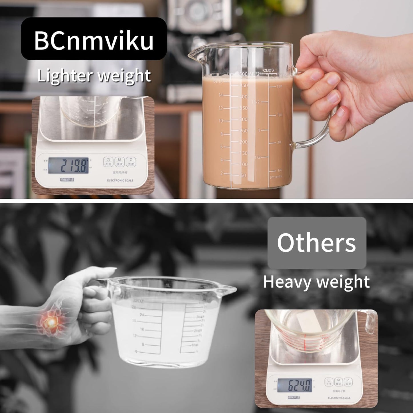 BCnmviku 500ML 2 CUP Glass Measuring Cup With Handle, High Borosilicate Glass Three Scales (OZ, Cup, ML/CC for Kitchen or Restaurant Easy To Read