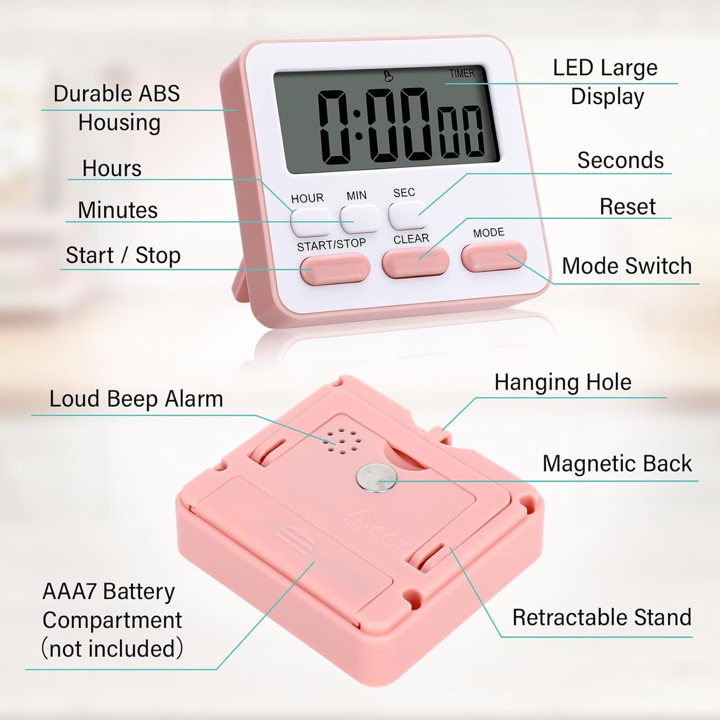 Leumoi 2 Pcs Digital Kitchen Timer 24 Hour Clock and Alarm Function Timer On/Off Switch Minute Second Count up Countdown Loud Alarm for Exercise Cook Baking(White)