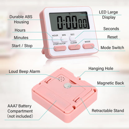 Leumoi 2 Pcs Digital Kitchen Timer 24 Hour Clock and Alarm Function Timer On/Off Switch Minute Second Count up Countdown Loud Alarm for Exercise Cook Baking(White)