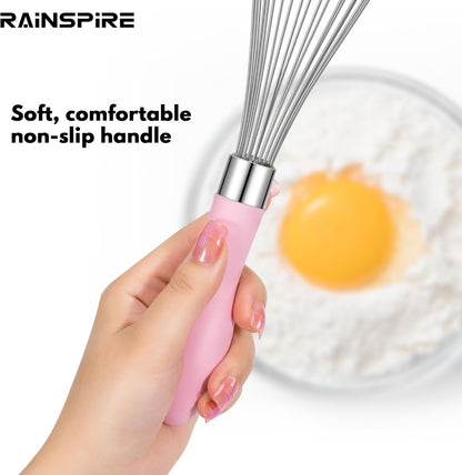 Rainspire 12-Inch Wire Whisk Stainless Steel, Balloon Whisks for Cooking, Wisk Wisking Tool With Soft Silicone Handle, Thick Durable Whisker for Blending, Beating, Whisking, Stirring, Pink