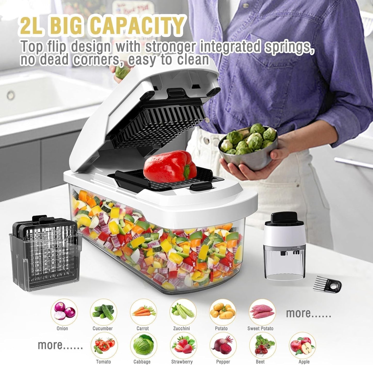 Vegetable Chopper with Container - 15-in-1 Mandoline Slicer, Food Dicer, Onion Cutter & Cheese Grater - Manual Veggie Chopper with Storage, Stainless Steel Blades