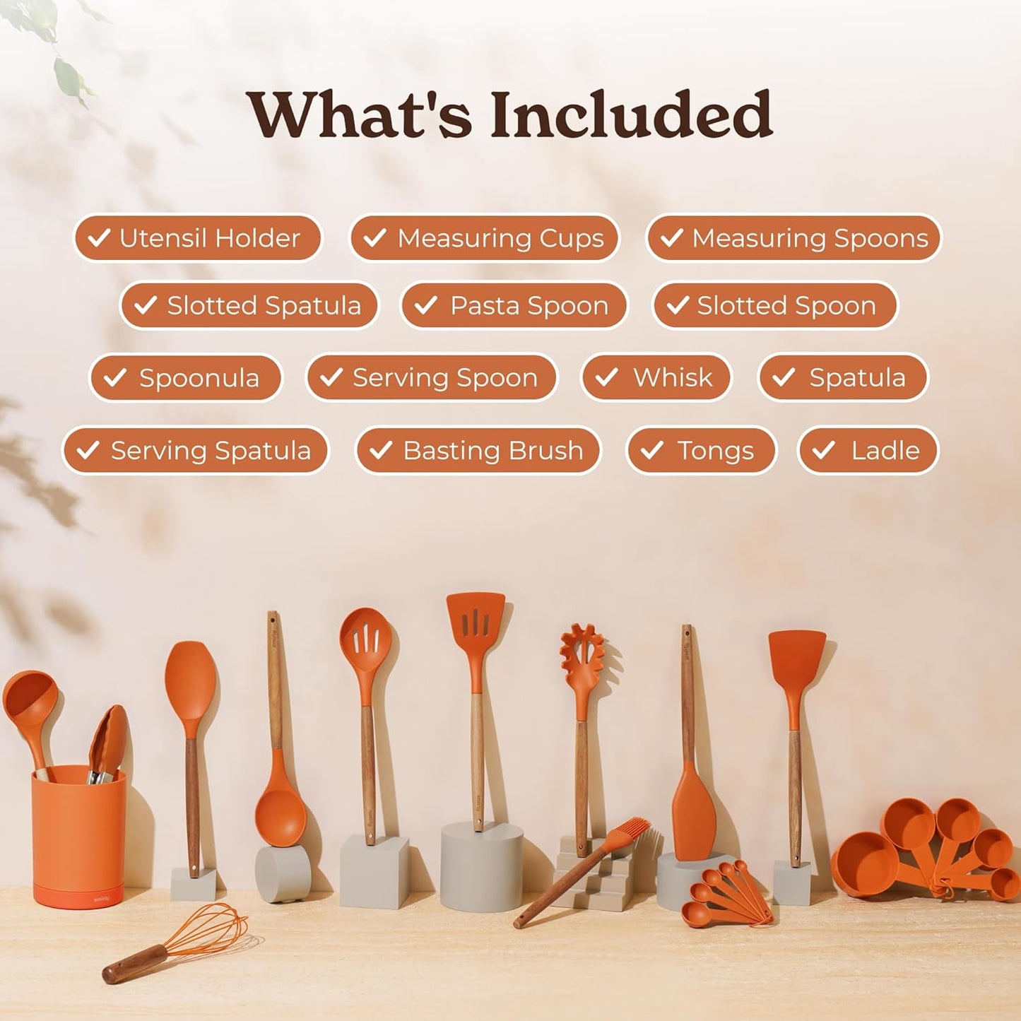 SMIRLY Kitchen Utensils Set – 22-Piece Silicone Cooking Utensils Set, Spatula Set with Holder, Wooden Handle Silicone Kitchen Gadgets for Nonstick Cookware