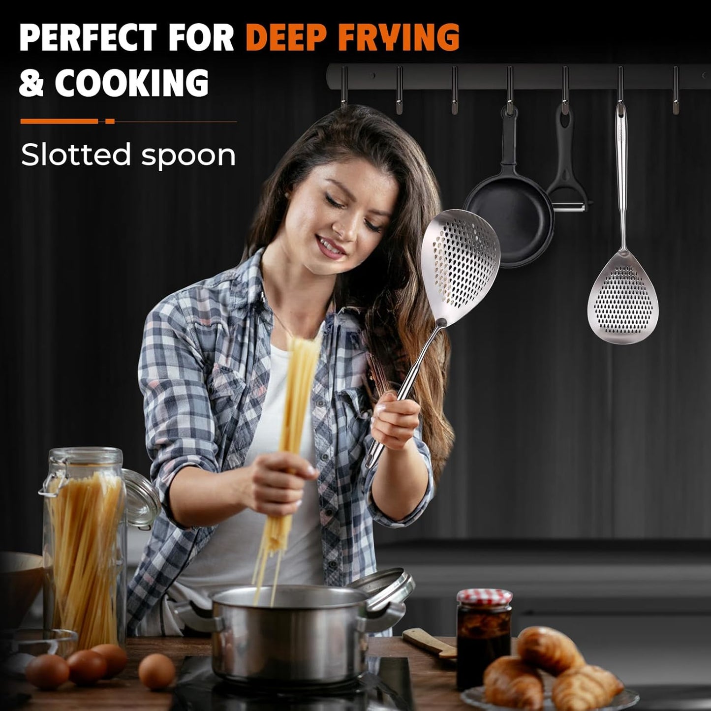 MARTE Skimmer Slotted Spoon Set of 4 - Kitchen Pasta Strainer Spoon - Spider Strainer Skimmer Ladle Spoon with Holder for Cooking and Frying Food, Spaghetti, Vegetable, Dumpling - 14.8In,16.5In,17In