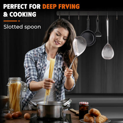 MARTE Skimmer Slotted Spoon Set of 4 - Kitchen Pasta Strainer Spoon - Spider Strainer Skimmer Ladle Spoon with Holder for Cooking and Frying Food, Spaghetti, Vegetable, Dumpling - 14.8In,16.5In,17In