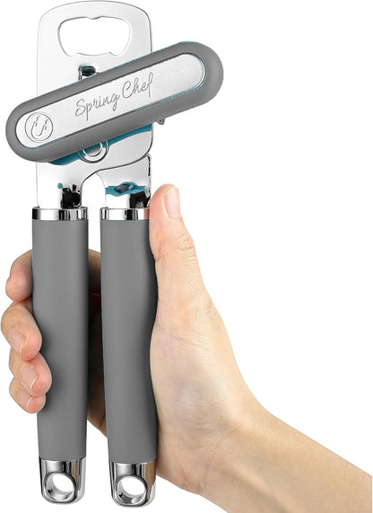Spring Chef Stainless Steel Can Opener - Manual with Soft Grip Handles, Easy Turn, Heavy Duty Hand Can Openers for Seniors with Smooth Edge - Magnetic Lid Remover - Black