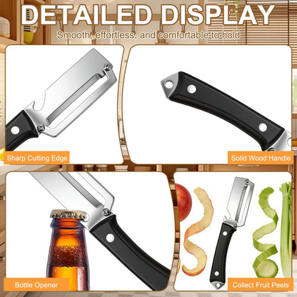 2Pcs Premium Vegetable Peeler with Wooden Handle and Bottle Opener,Multifunctional 3-in-1 Stainless Steel Kitchen Tool for various fruits and vegetables that require peeling（Black + Brown）
