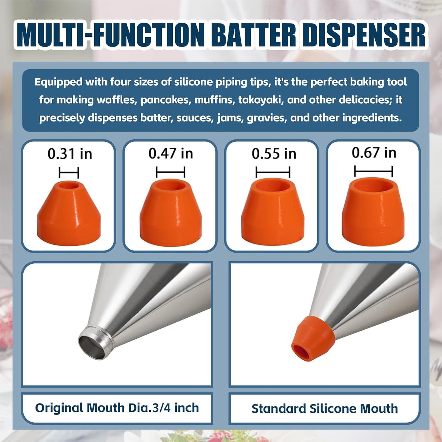 40 oz Pancake Batter Dispenser Stainless Steel Multi Caliber Nozzle with Squeeze Handle and Stand for Pancakes Cupcakes Funnel Cakes Waffles Baked Goods