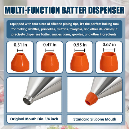 40 oz Pancake Batter Dispenser Stainless Steel Multi Caliber Nozzle with Squeeze Handle and Stand for Pancakes Cupcakes Funnel Cakes Waffles Baked Goods