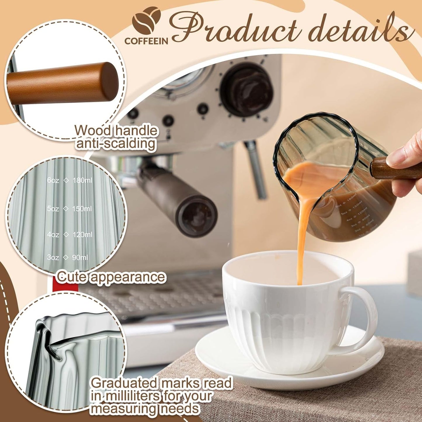 Jingmore 2 Pcs Espresso Shot Glass with Handle, 6 oz/180 ml Espresso Cup with Single V-shaped Mouth, Measuring Cup for Milk Tea Coffee Bar Accessories (Clear)