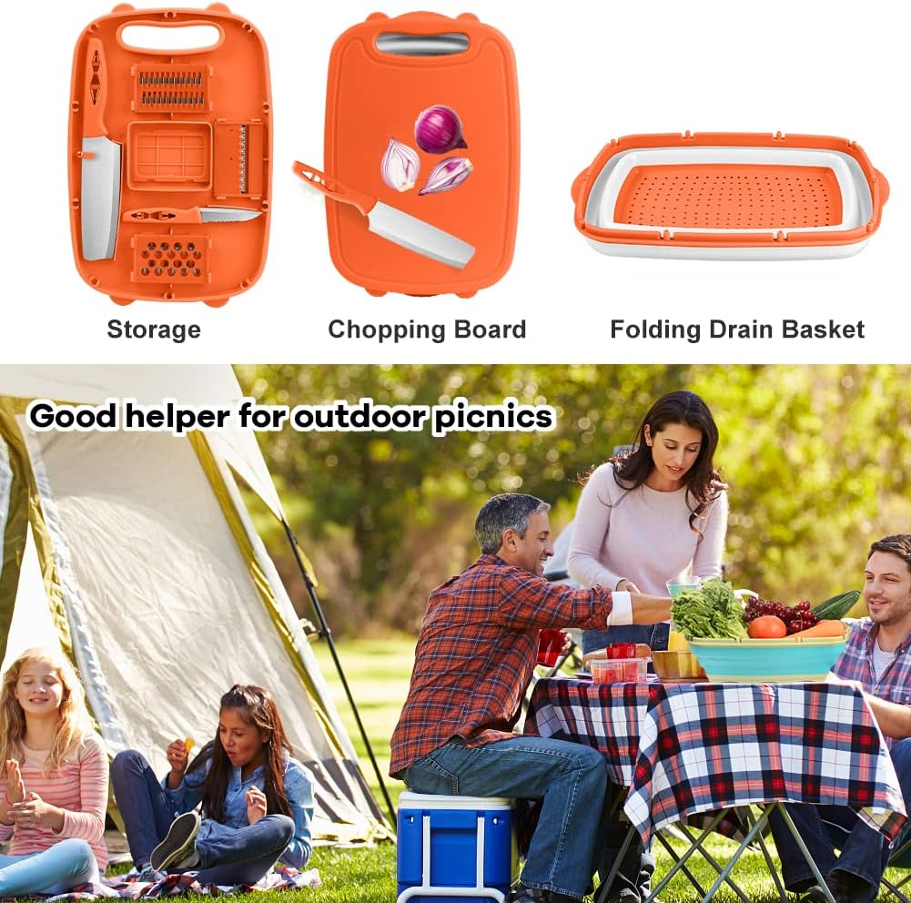 HI NINGER Collapsible Cutting Board with Colander, 9-In-1 Multi Chopping Board Kitchen Vegetable Washing Basket for Camping Gifts Camping Accessories for RV Campers