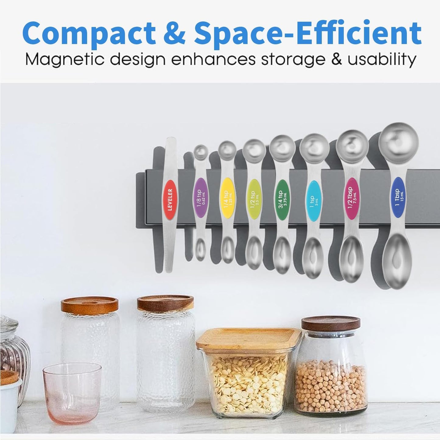 Set of 8 Stainless Steel Magnetic Measuring Spoons Set with Leveler,Dual Sided Stackable Steel Metal Teaspoons for Baking & Cooking Kicchen Accessories (Color)