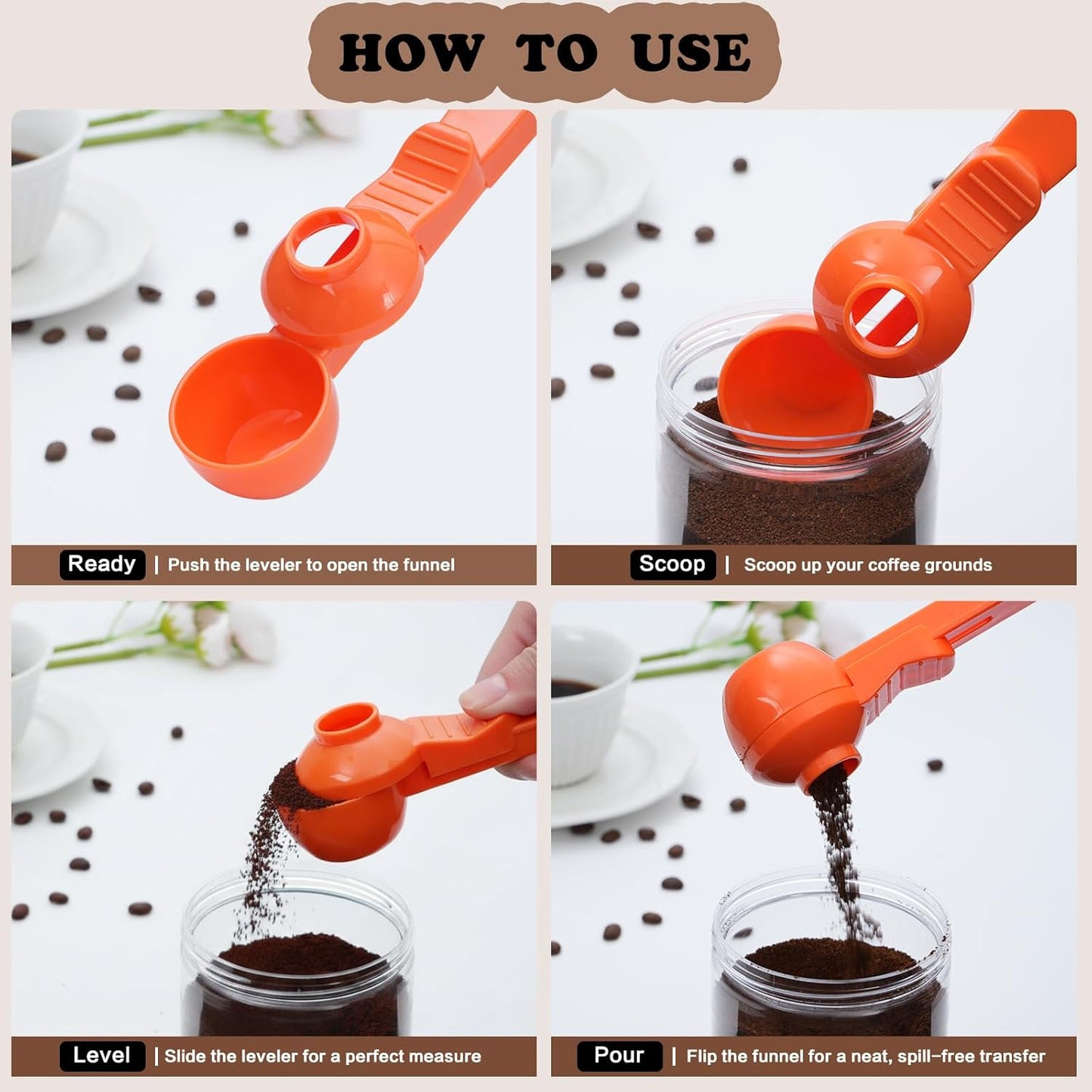 2-in-1 Coffee Scoop with Funnel, 2 Teaspoon Measuring Spoon for Reusable K Cups, Ground Coffee, Protein Powder & Tea, Mess-Free Plastic Design (Pink)