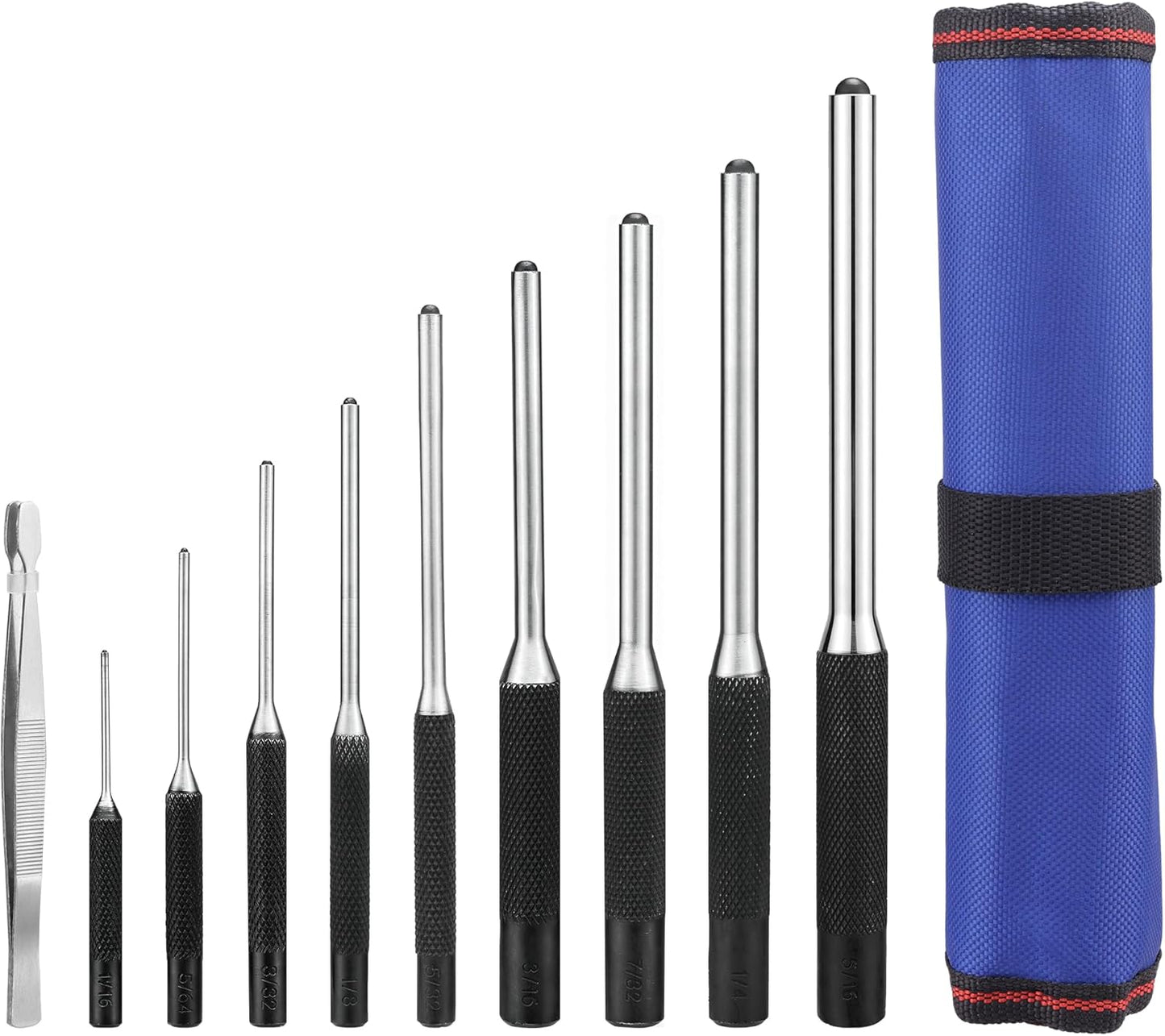 WORKPRO 9-Piece Roll Pin Punch Set with Tweezers, Forged CR-V Steel, Punch Tool Set with Nylon Pouch, Pin Removal Tool for Automotive, Watch Repair, Jewelry and Craft