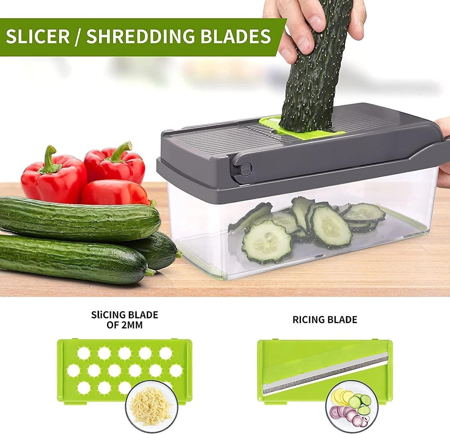 14-in-1 Vegetable Chopper with Container, Onion Chopper Dicer, Multifunctional Food Slicer and Grater with 7 Blades, Safe Mandoline Slicer for Kitchen, Vegetable Cutter for Potato, Tomato, Onion