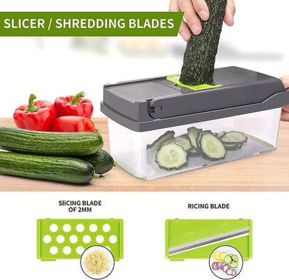 14-in-1 Vegetable Chopper with Container, Onion Chopper Dicer, Multifunctional Food Slicer and Grater with 7 Blades, Safe Mandoline Slicer for Kitchen, Vegetable Cutter for Potato, Tomato, Onion