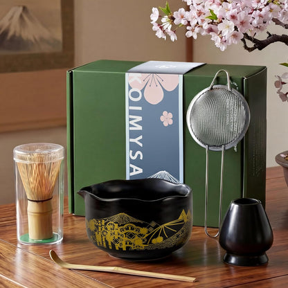 Matcha Whisk Set, 5 Pcs Traditional Japanese Matcha Whisk Preparation Kit, White Glossy Ceramic Bowl with Black Cat and Strawberry Pattern
