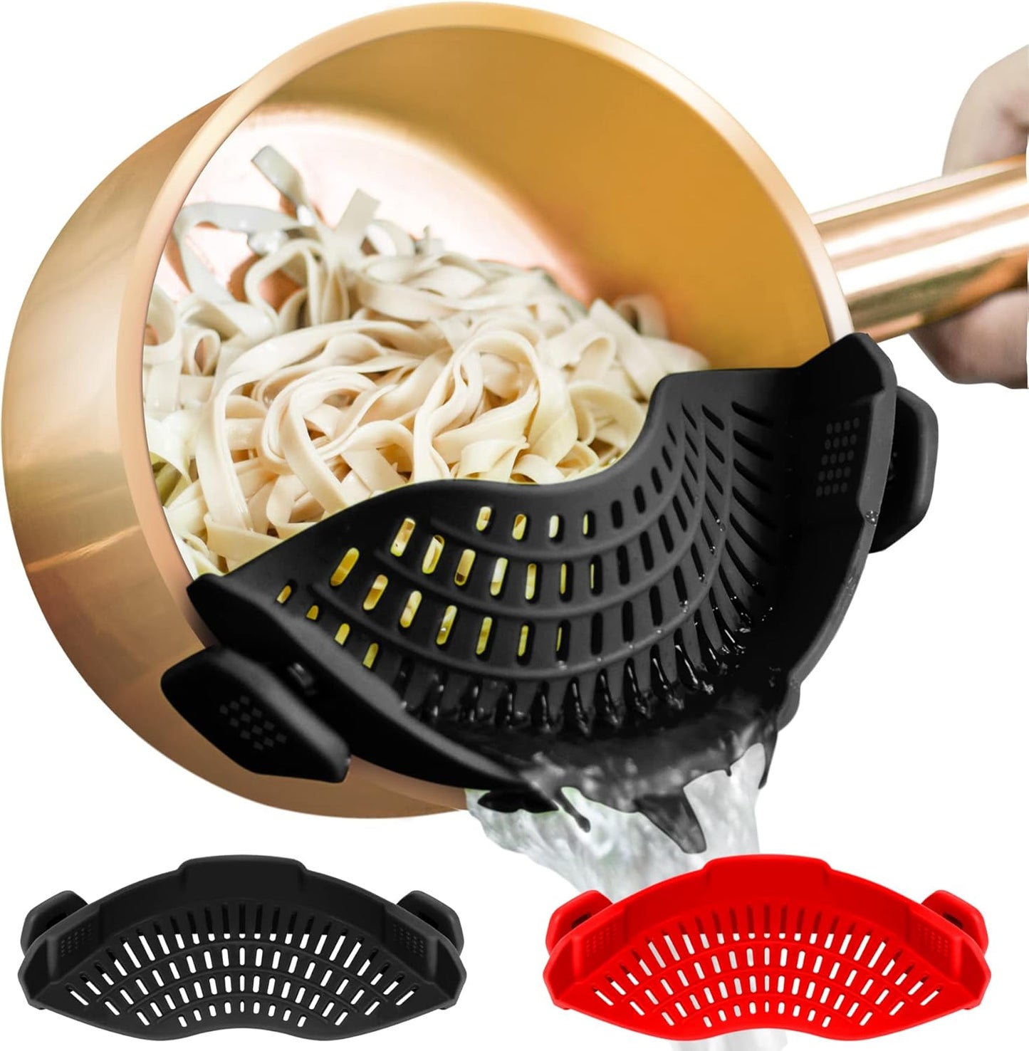 2PACK AUOON Clip on Strainer for All Pots Pans - Silicone Pasta Strainer Kitchen Colander for Draining Noodles Spaghetti Ground Beef Grease｜Easy to Use and Store, Dishwasher Safe (BlackGreen)